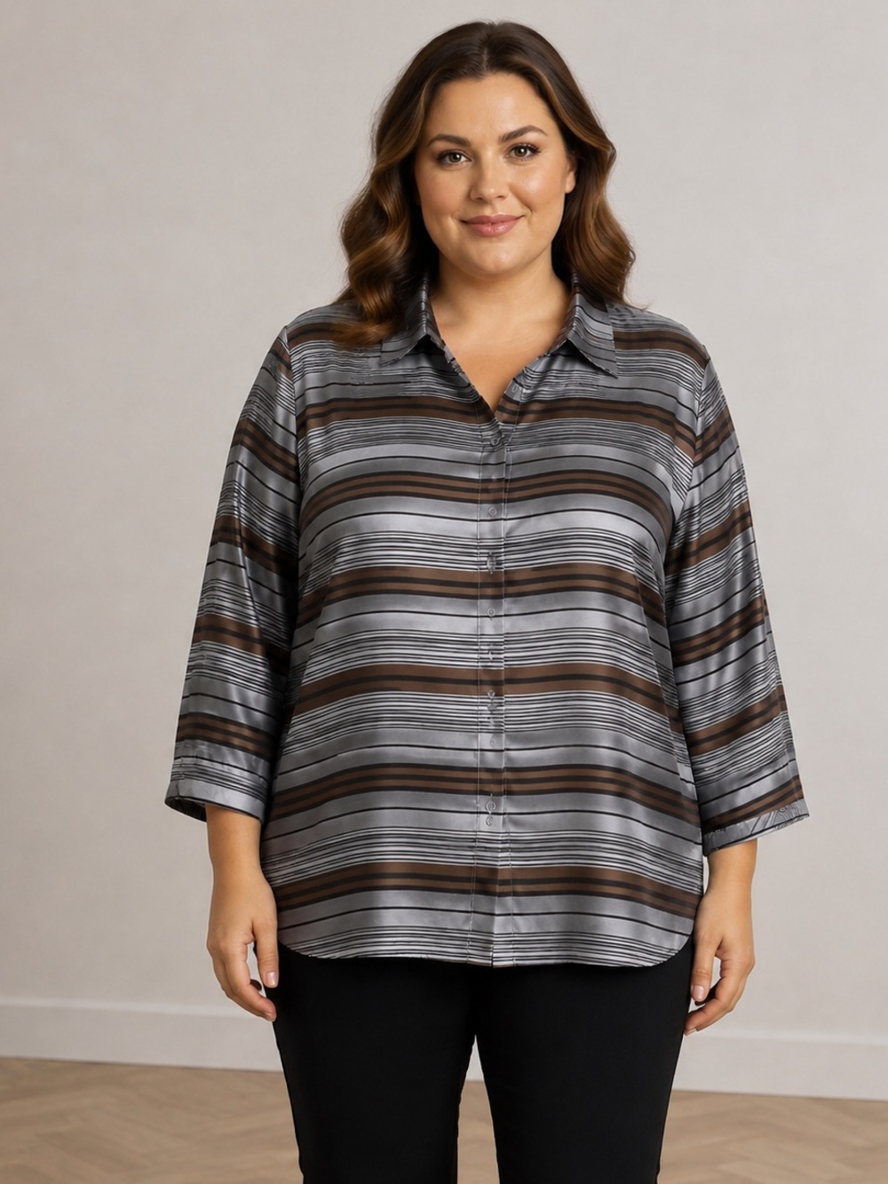 Coldwater Creek 100% Silk Striped Button Front Blouse Top Women’s 3X Gray Brown